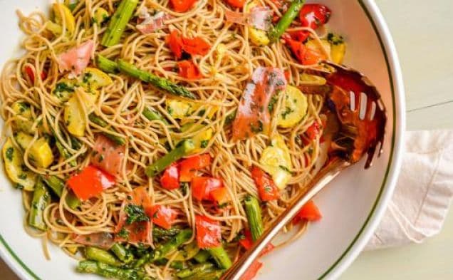 Spaghetti Pasta Salad with Roasted Vegetables and Prosciutto