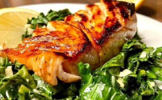 Pan-Seared Honey Glazed Salmon with Collard Greens