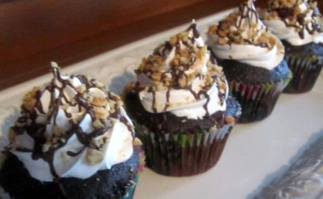 DAIRY-FREE COCOA CUPCAKES WITH PEANUT BUTTER FILLING, MARSHMALLOW FROSTING