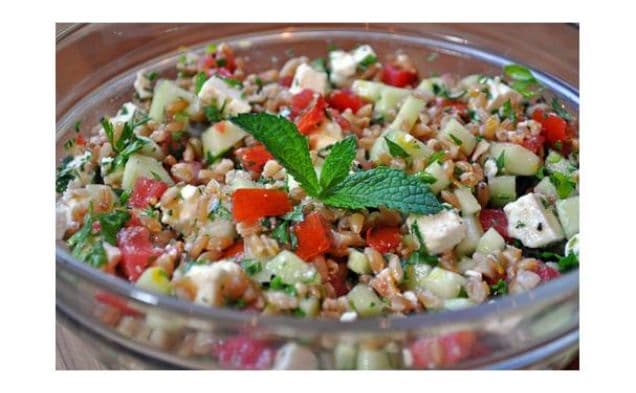Farro Salad With Tomatoes, Cucumber, Mint and Feta