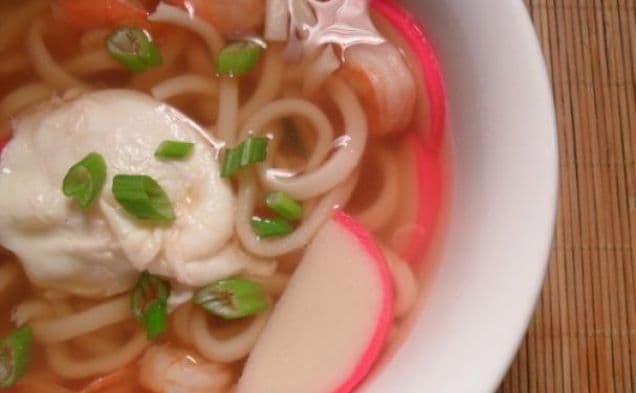 Shrimp Udon w Fish Cakes & Poached Egg