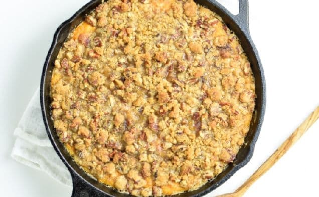 Skillet Sweet Potato Casserole with Bacon, Brown Sugar Crumble