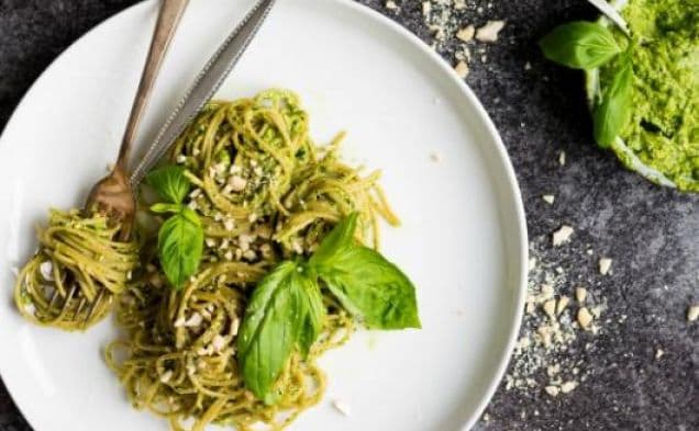 Whole Wheat Spaghetti with Basil Avocado Pesto