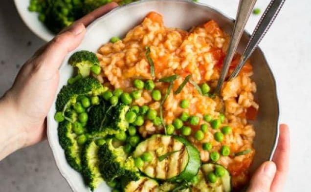 Fresh Tomato Risotto with Grilled Green Vegetables