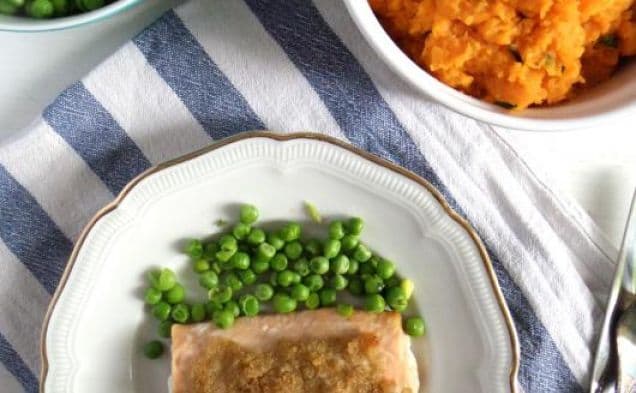 Salmon with Lime Crust, Peas, and Sweet Potatoes