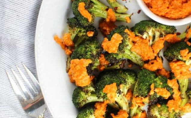 Grilled Broccoli with Garlic Roasted Red Pepper Sauce