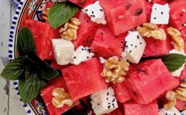 Watermelon Salad with Feta, Walnut & Nigella Seeds
