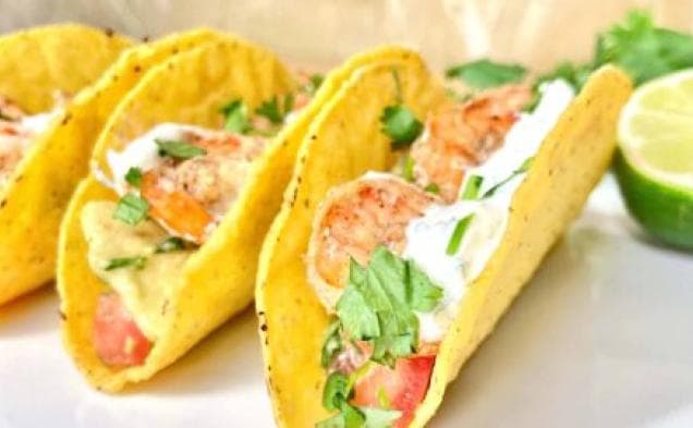 Shrimp Tacos with Avocado, Grapefruit, and Creamy Cilantro Sauce