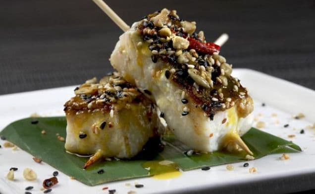 Anticuchos Of White Seabass With Aji Chile Honey Marinade & Semilla Salsa