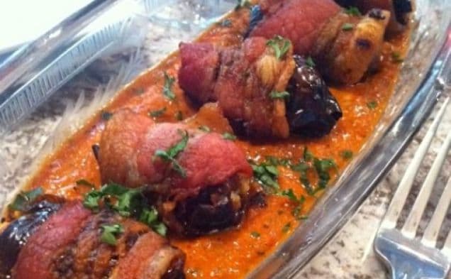 Bacon Wrapped Dates with Manchego, Romesco Sauce