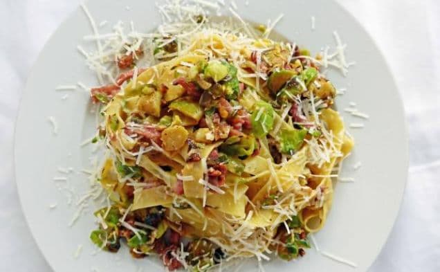 Brussels Sprout Carbonara with Fettuccini