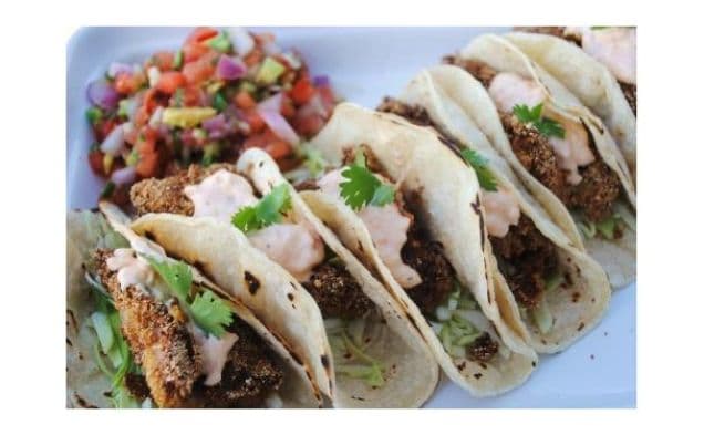 Catfish Tacos With Pimento Cheese Crema and Watermelon Salsa