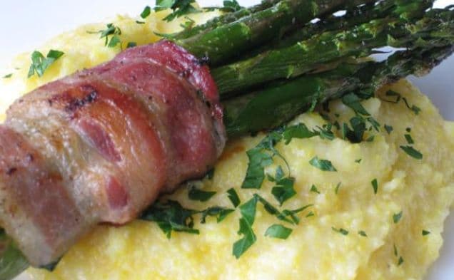 Cheddar Polenta With Bacon Wrapped Asparagus