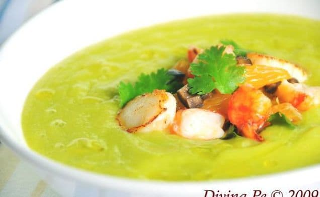 Chilled Avocado and Cucumber Soup With Prawn and Scallop Salsa