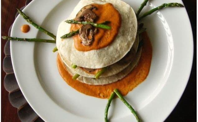 Corn Tortilla and Veggie Stacks With Red Pepper Coulis