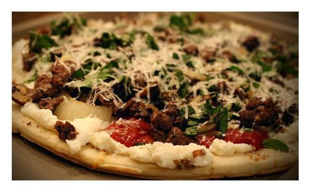 Elk Italian Sausage Pizza With Ricotta Cheese, Sautéd Mushrooms and Onion