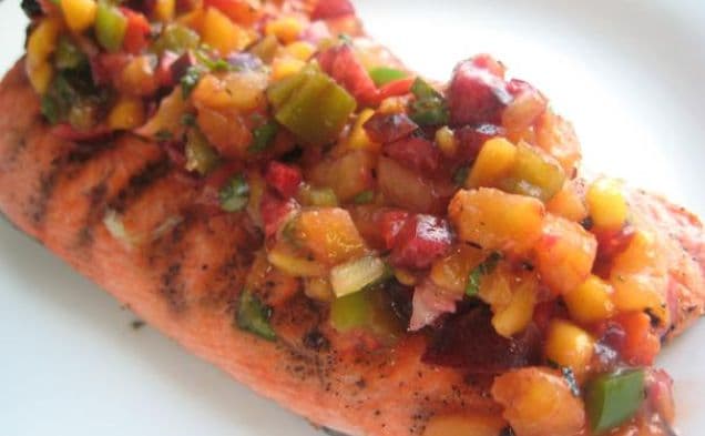 Grilled Salmon With Cherry, Pineapple, Mango Salsa