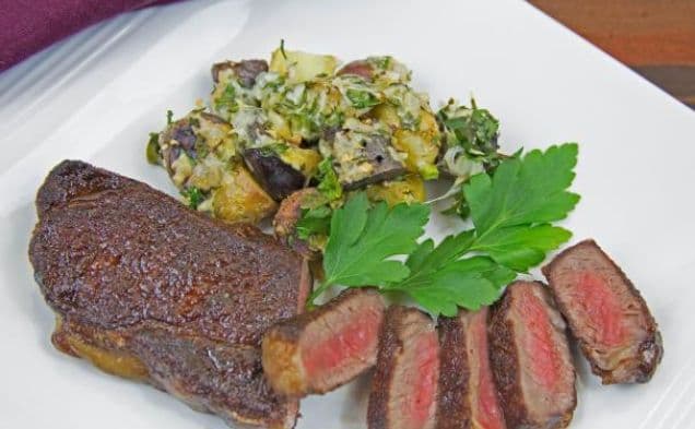 Home Made Dry-Aged Sirloin Steak with Cheesy Roast Fingerling Potatoes