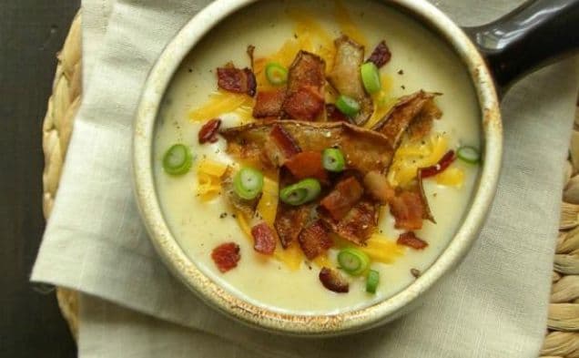 Loaded Baked Potato Soup with Crispy-Fried Potato Skins