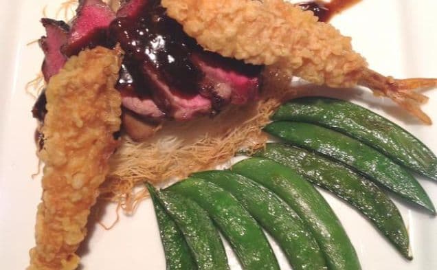 Oriental Filet Mignon on Crisp Kataifi with Shrimp Tempura