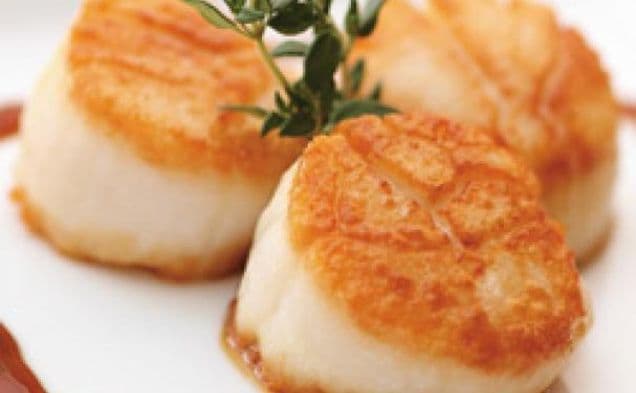 Pan Seared Fresh Maine Diver Scallops Creamy Avocado Champagne Grape Salad Teriyaki Cabernet Butter Sauce