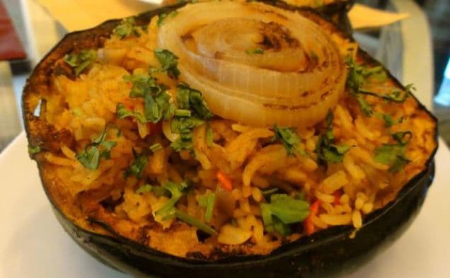 Roasted Acorn Squash Stuffed with spicy Biryani (Veg/vegan)
