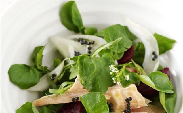 Salmon, Watercress, Fennel and Baby Beetroot Salad With Lemony "Caviar" Dressing
