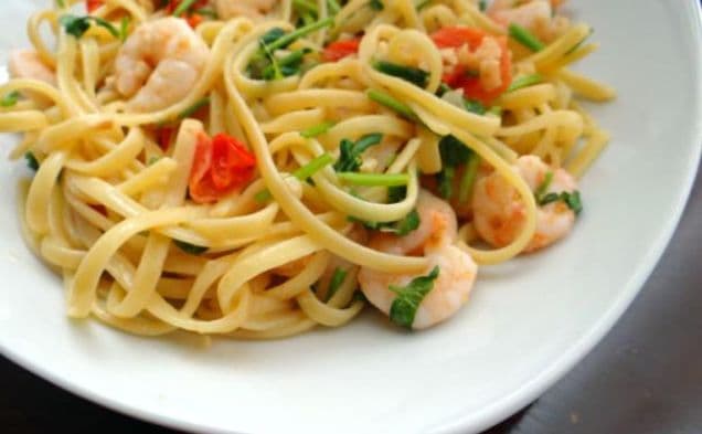 Shrimp pasta with white wine tomato cream sauce