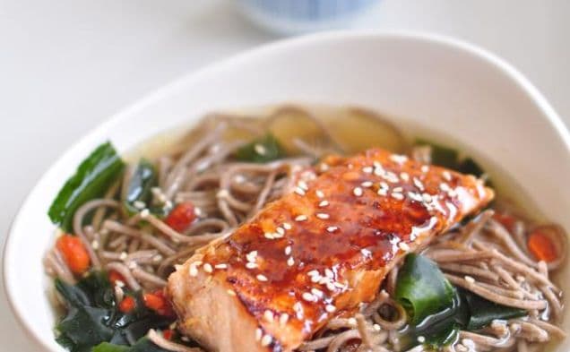 Soba Noodle In Kombu Dashi With Teriyaki Salmon