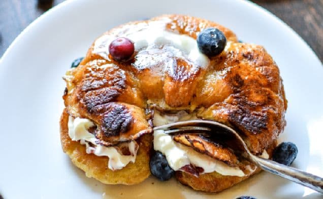 Blueberry Stuffed Croissant French Toast with Bacon