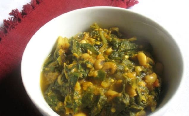 Spicy Black-Eyed Pea Curry with Swiss Chard and Roasted Eggplant